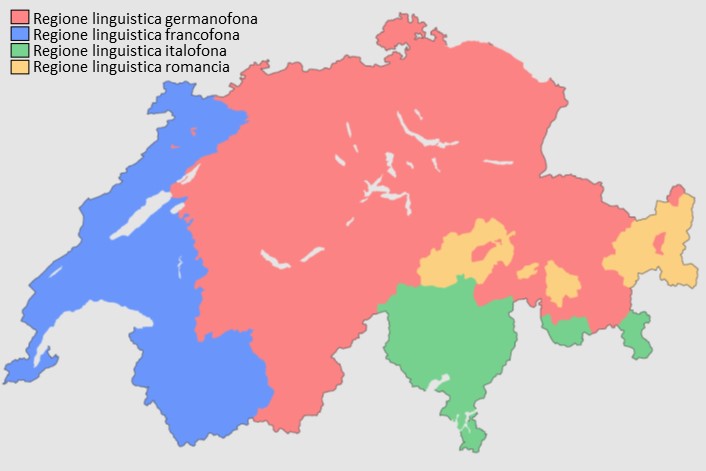 Immagine che rappresenta la suddivisione della Svizzera nelle sue regioni linguistiche