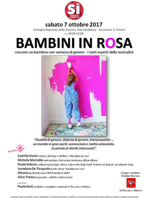 Immagine della locandina evento Bambini in rosa: crescere un figlio con varianza di genere - I tanti aspetti della normalità. 