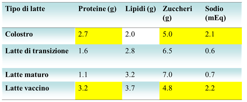 abella illustra le differenze nella composizione dei tre macronutrienti nell’evoluzione del latte materno e anche rispetto al latte vaccino